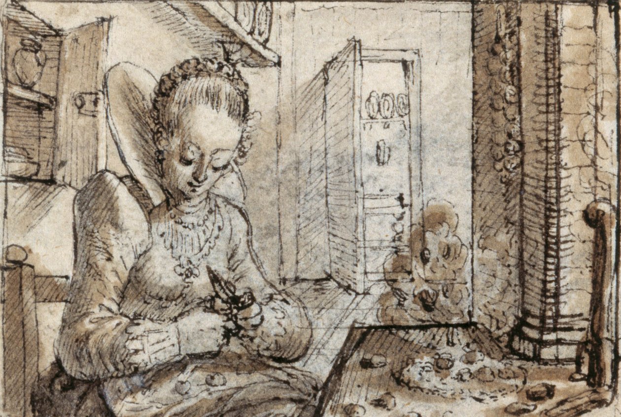 A fashionable young woman sits at a kitchen table to shell walnuts (pen & brown ink with brown wash on paper) بواسطة كريسبين الأول دي باس