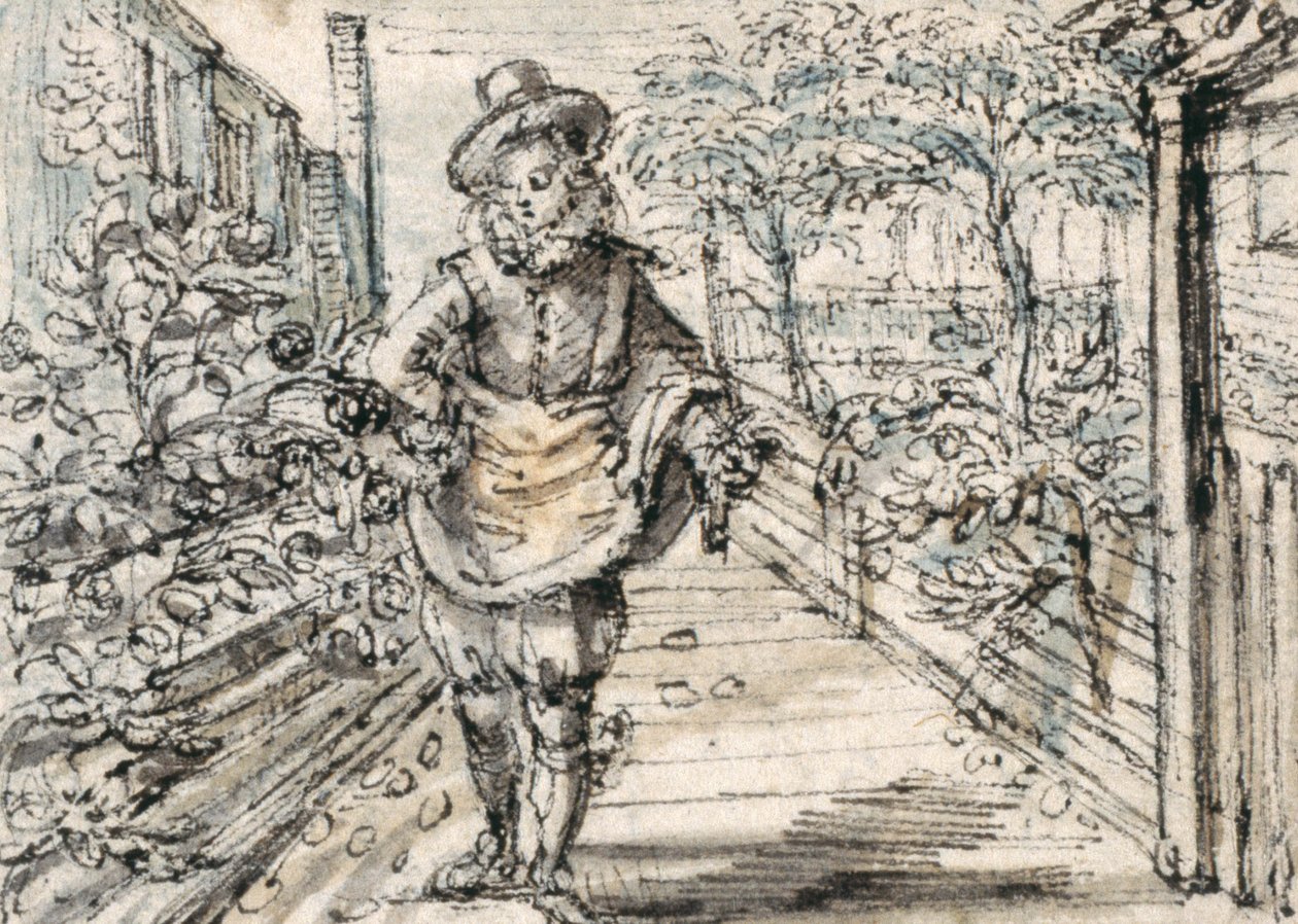 A fashionably dressed youth strolls in a town rose garden (pen & brown ink with brown & grey wash on paper) بواسطة كريسبين الأول دي باس