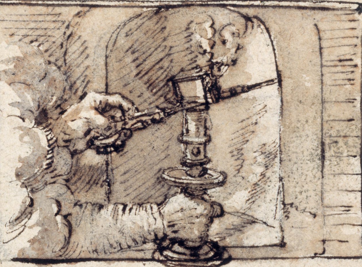 A pair of hands issuing from cloud, snuffing a candle in a candlestick (pen & brown ink with brown wash on paper) بواسطة كريسبين الأول دي باس