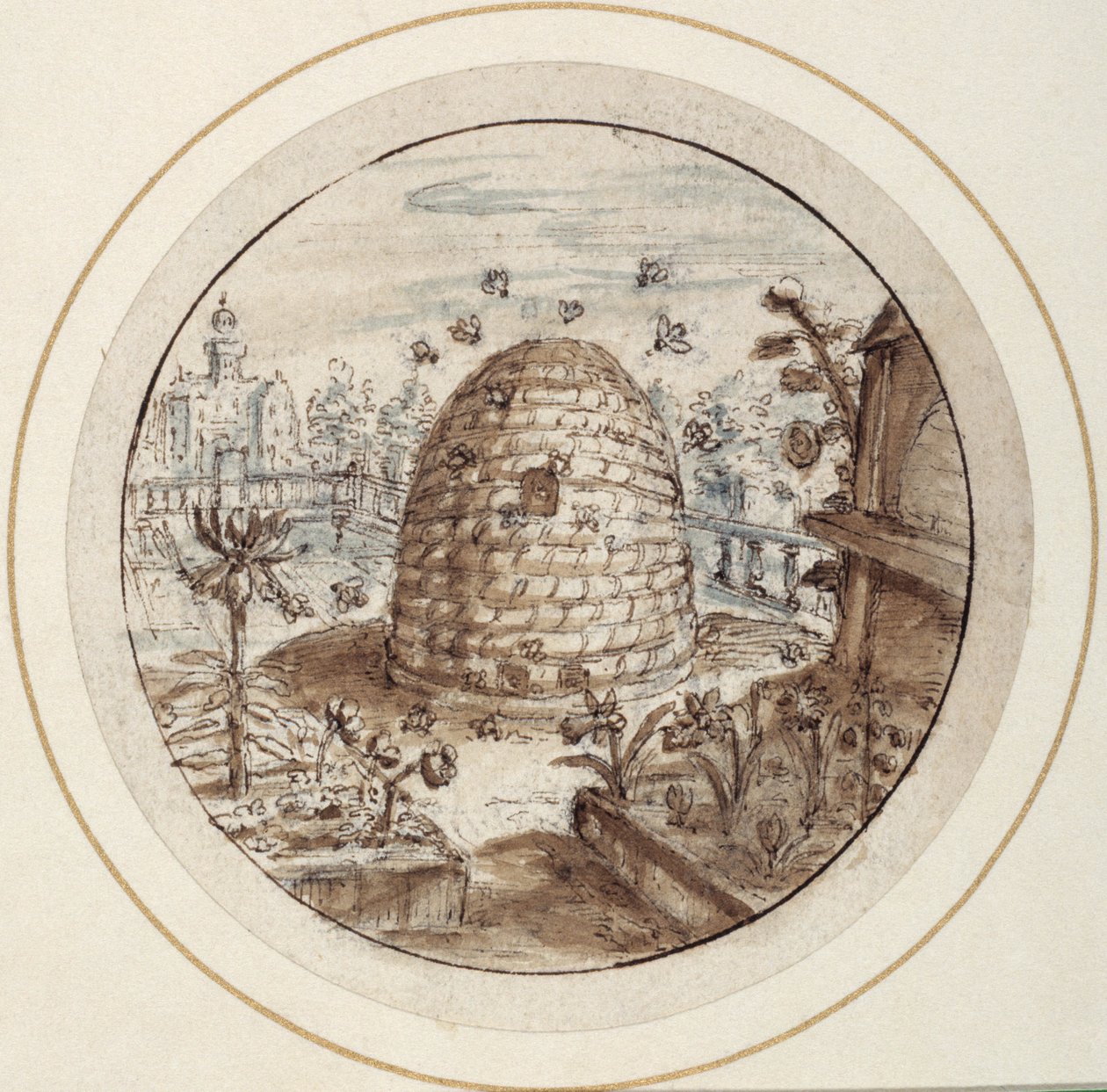 Beehive, early 17th century (pen & brown ink with brown & grey washes) بواسطة كريسبين الأول دي باس