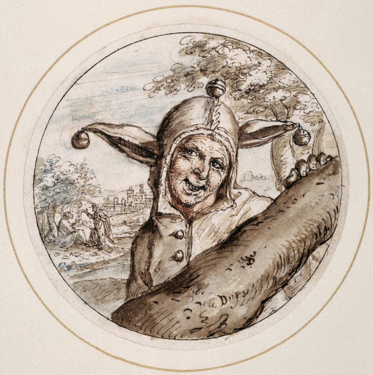 Fool with Cap and Bells, early 17th century (pen & brown ink with brown, grey & rose washes) بواسطة كريسبين الأول دي باس