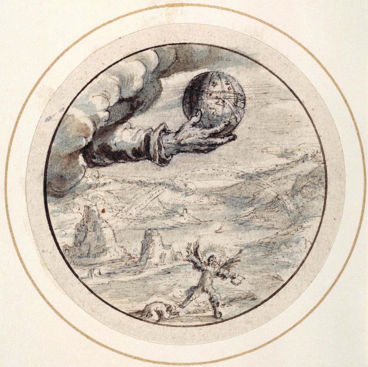 Hand with Celestial Spehere, early 17th century (pen & brown ink with grey & brown washes & white body colour) بواسطة كريسبين الأول دي باس