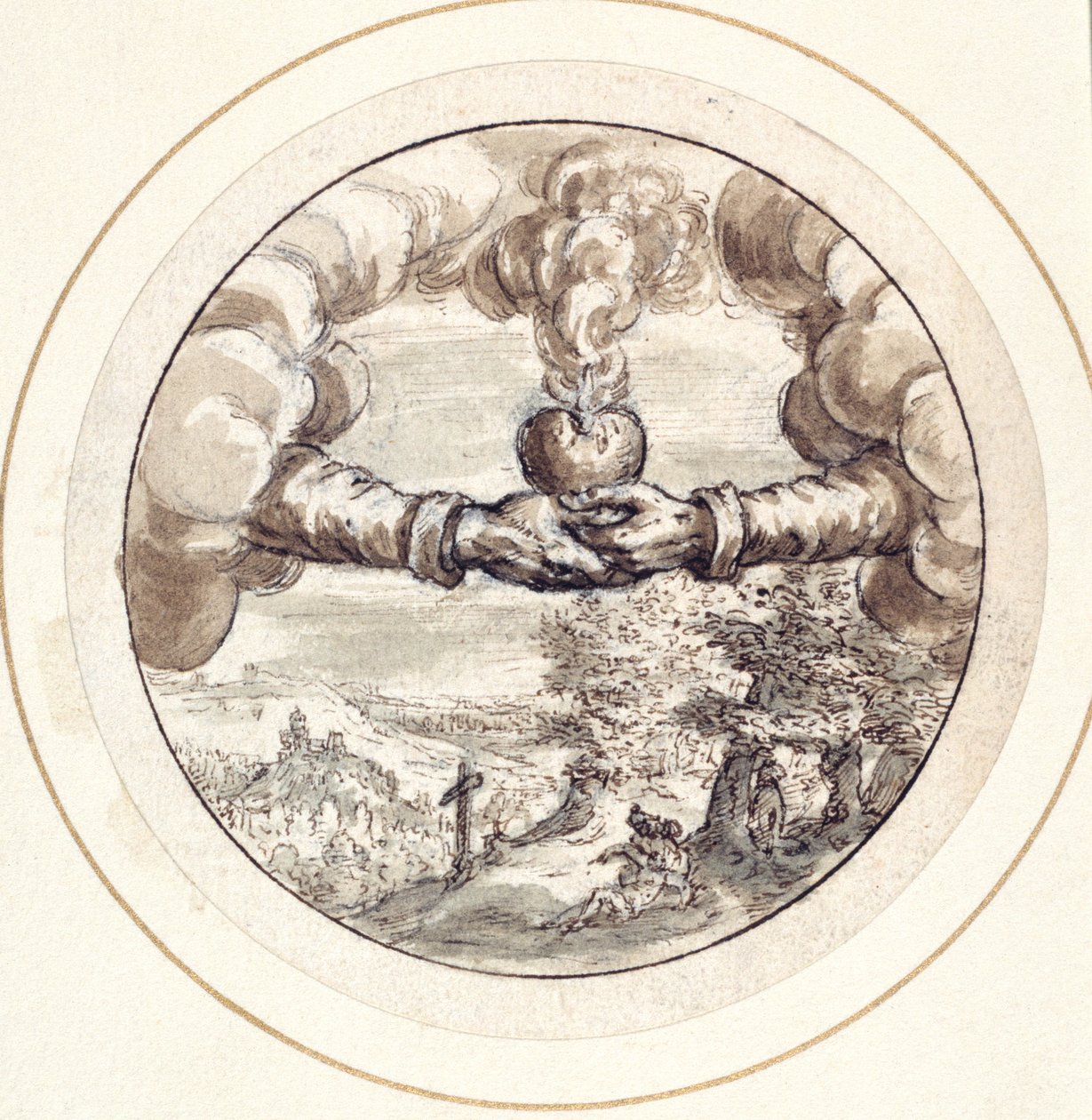 Hands holding a flaming heart and imperial crown with a view of Circus Maximus (pen & brown ink with brown wash on paper) بواسطة كريسبين الأول دي باس