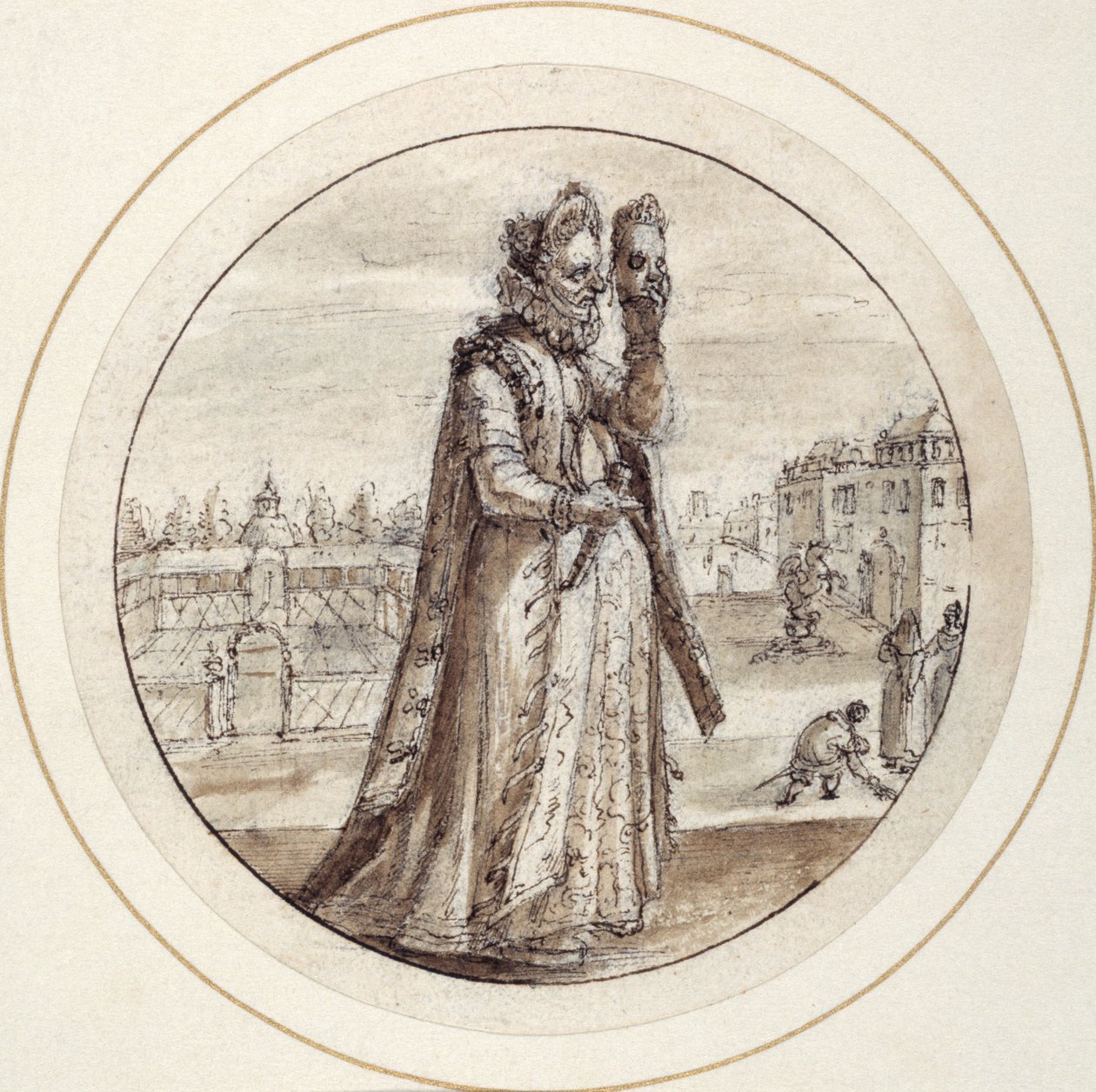 Helena with Mask, early 17th century (pen & brown ink with brown wash) بواسطة كريسبين الأول دي باس