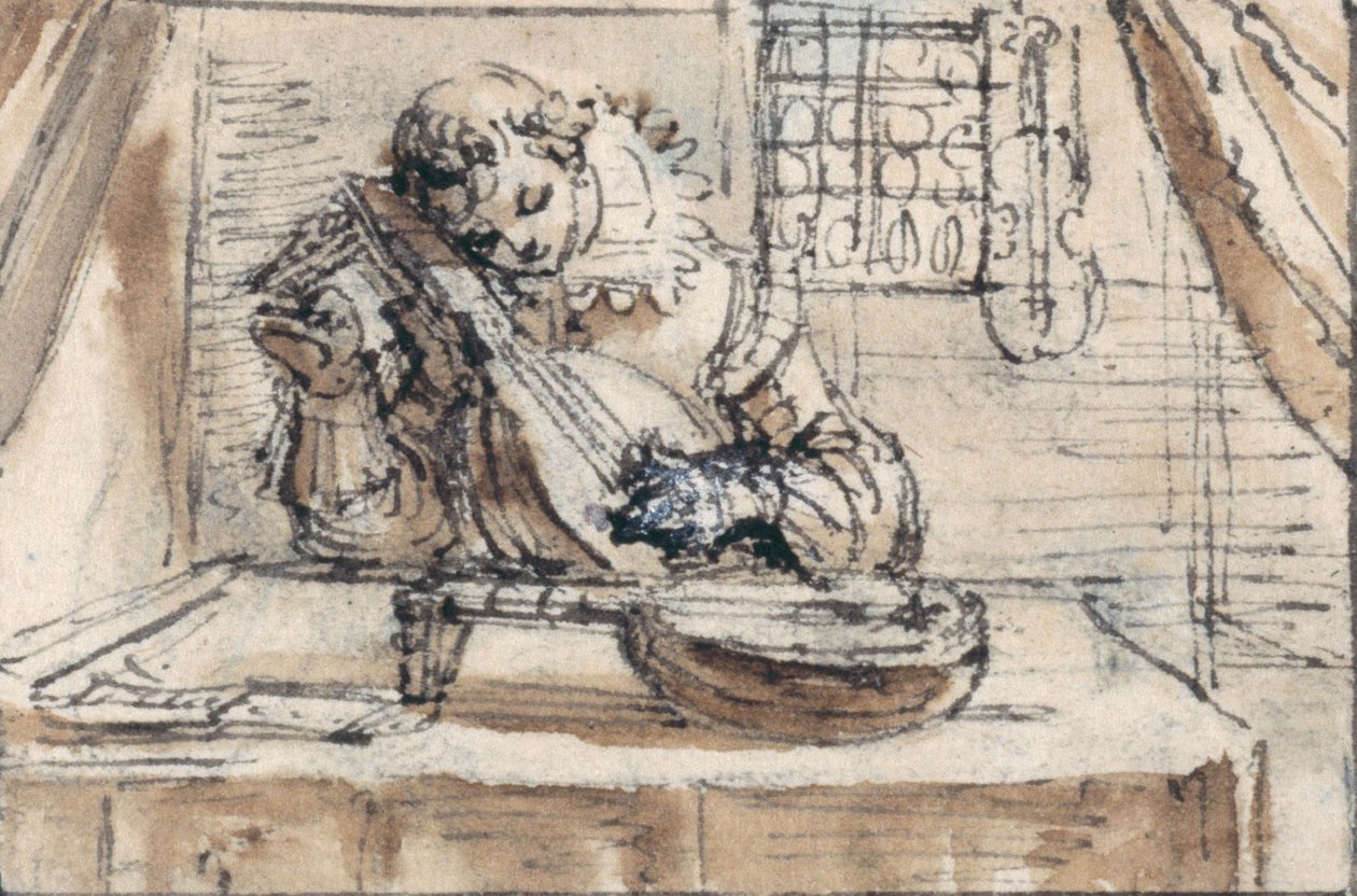 Youth tuning his instrument (pen & brown ink with brown wash on paper) بواسطة كريسبين الأول دي باس