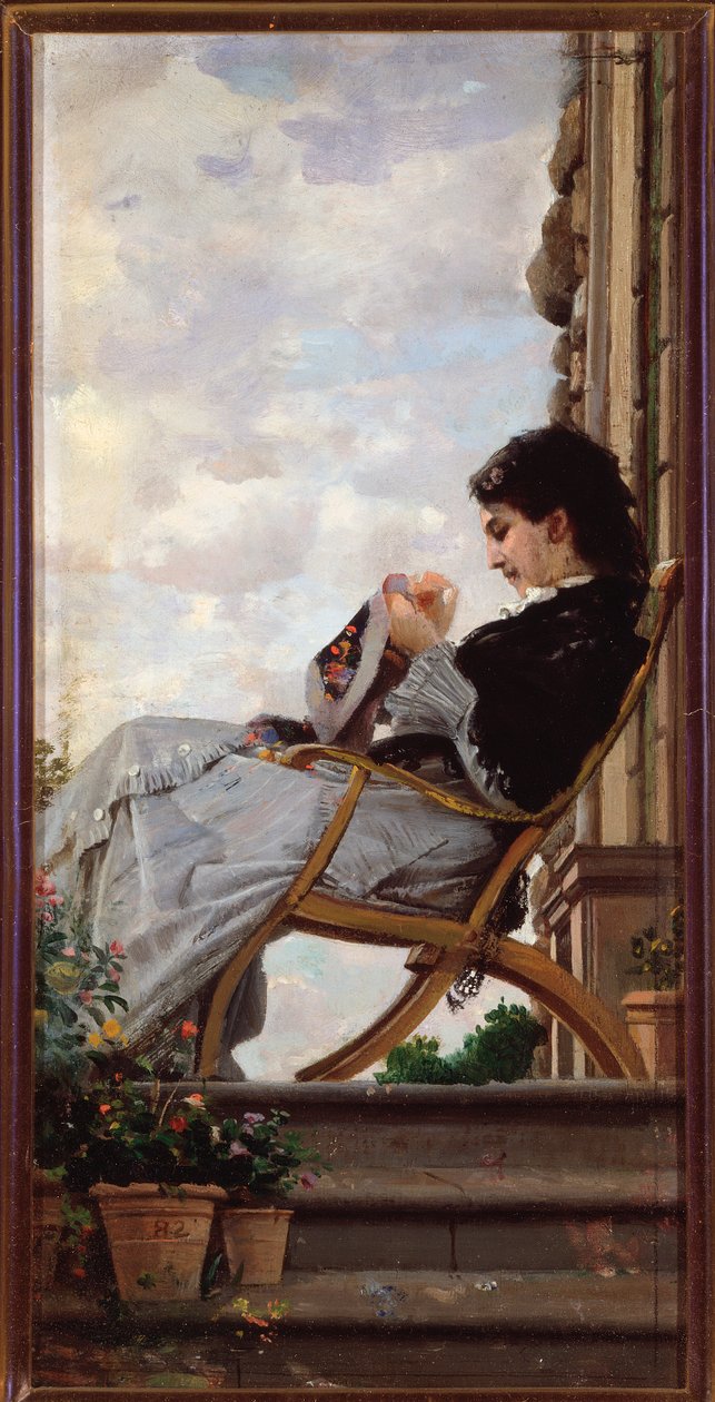 Woman sewing on the terrace بواسطة كريستيانو بانتي