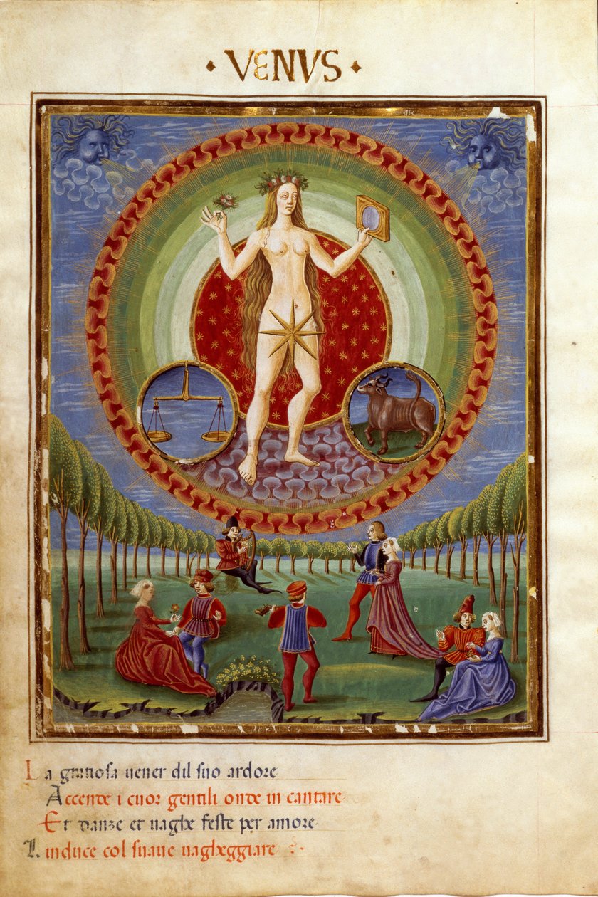 Comed with the zodiac signs of balance and bull. The gallant scenes (miniature, c.1470) بواسطة كريستوفورو دي بريديس