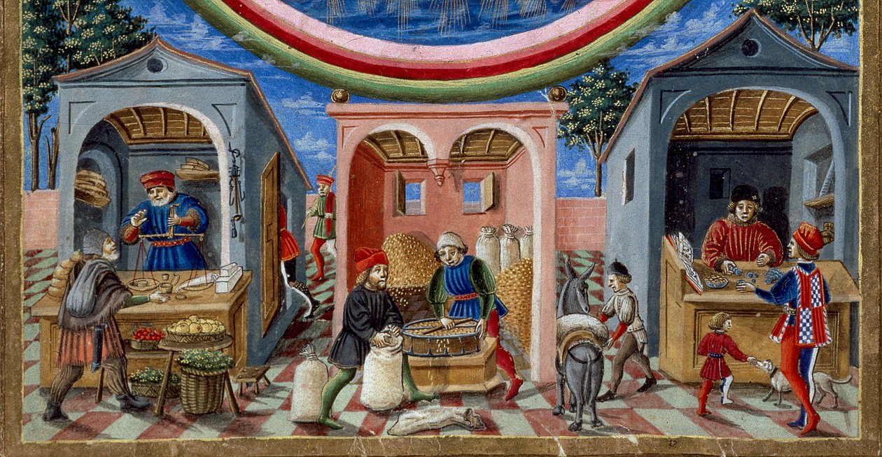 Detail of merchants selling various items: on the left, a merchant of fruits and vegetables, in the center a miller molding grain (Miniature, circa 1470) بواسطة كريستوفورو دي بريديس