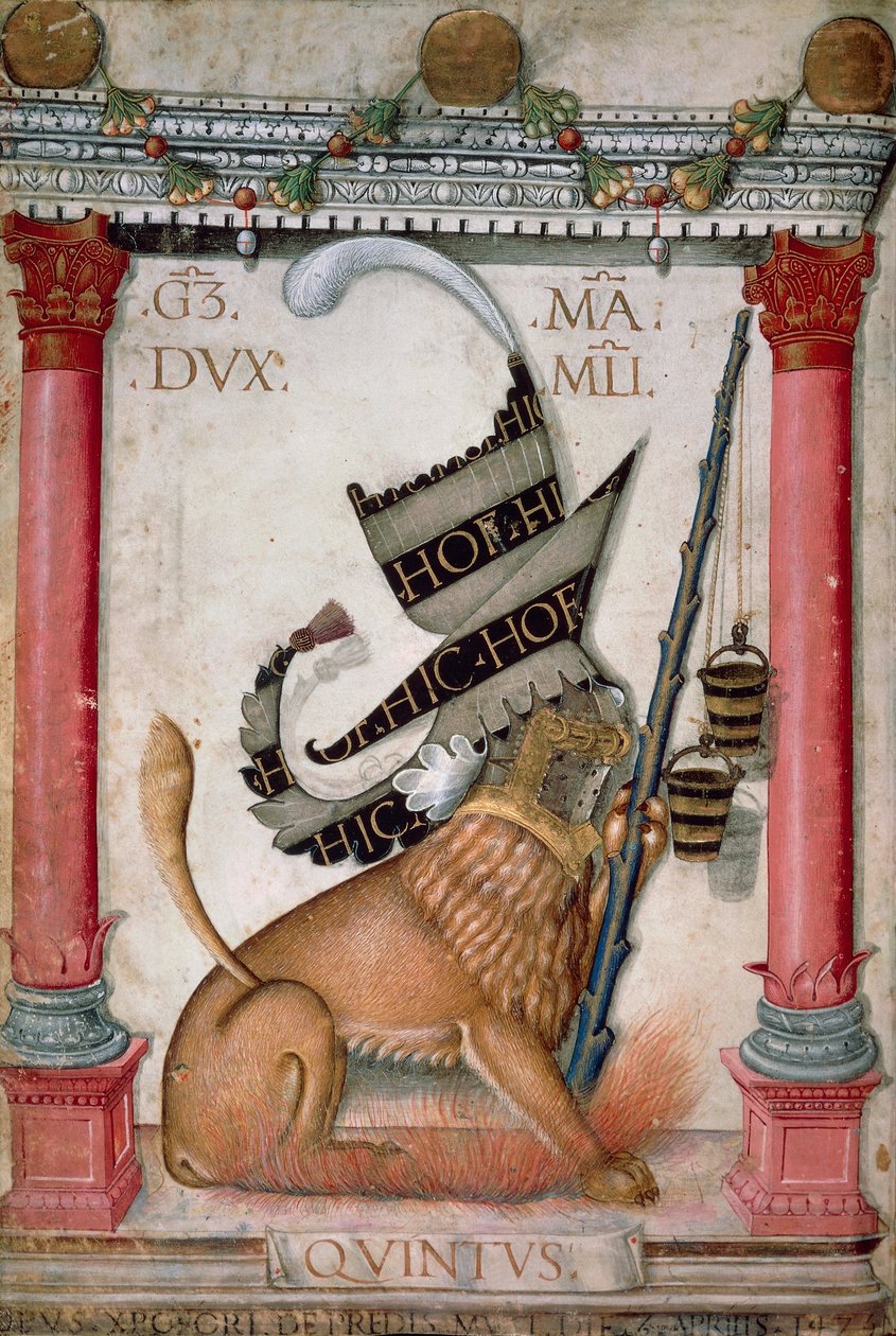Heraldic symbol depicting a crest with a lion, sparks and buckets of Galeazzo Maria Sforza, Illuminated page by Cristoforo de Predis from the New Testament Codex, varia 124, Italy 1475. بواسطة كريستوفورو دي بريديس