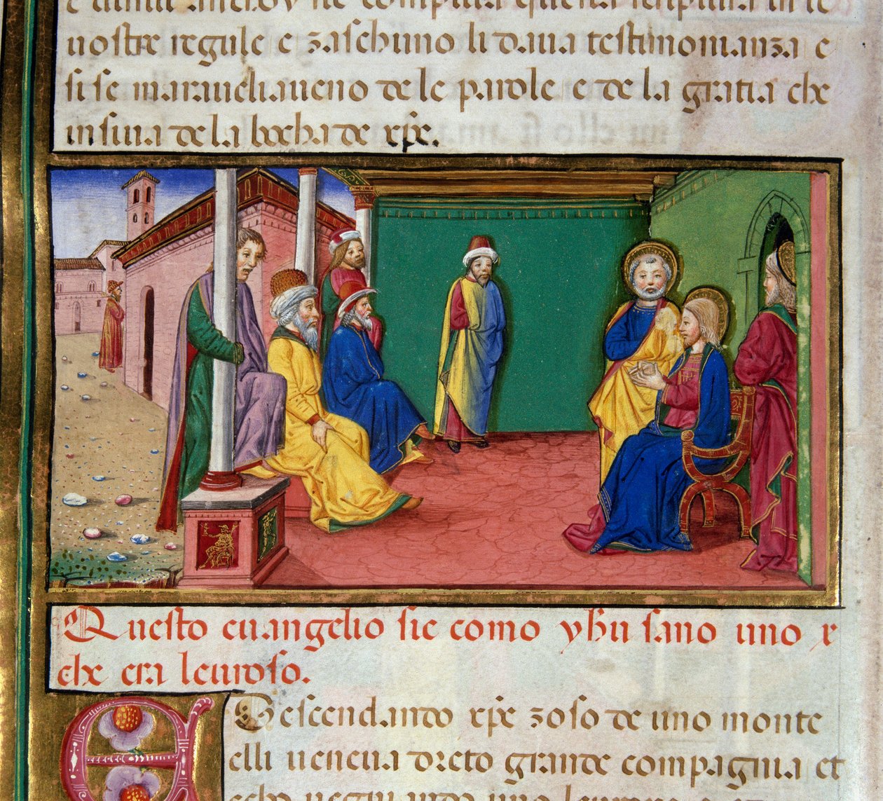 Jesus goes to the synagogue of Nazareth on a Saturday and reads the book of the prophete Isaiah Miniature by Cristoforo De Predis (1440-1486) after the History of the New Testament بواسطة كريستوفورو دي بريديس