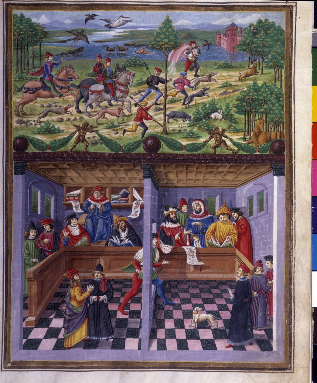 March influence: hunting and court. Miniature made by Cristoforo de Predis (v. 1440-v. 1486) - in “” De Sphaera””” d
