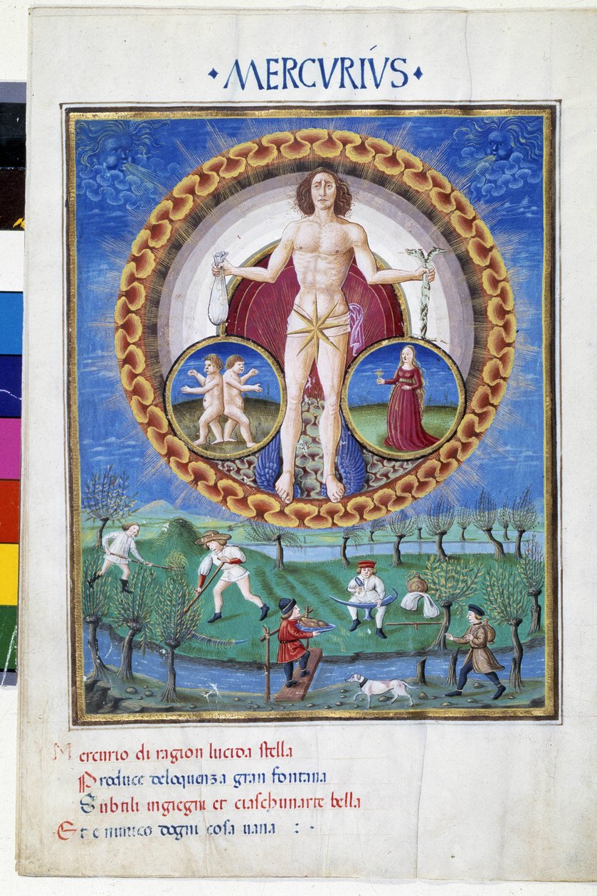 Mercury with signs of the zodiac of the Virgin and the Gemels. Downstairs, peasants working in the fields. Miniature made by Cristoforo de Predis (v. 1440-v. 1486) - in “” De Sphaera””” d
