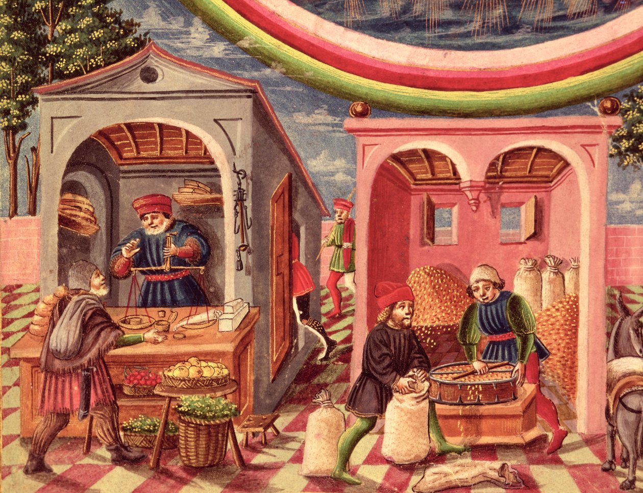 Ms Lat 209 fol.6v Jupiter ، تفاصيل تجار الفاكهة والحبوب ، من De Sphaera ، ج 1470 تفاصيل رق 308309 بواسطة كريستوفورو دي بريديس