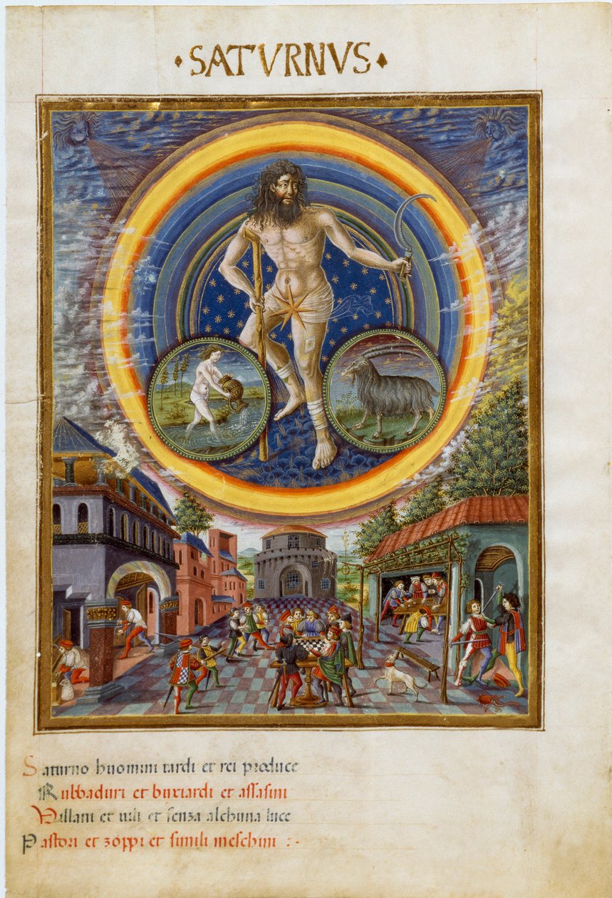 Saturn with zodiac signs of aquarius and capricorn.The game scenes and its influence on men. (miniature, c.1470) بواسطة كريستوفورو دي بريديس