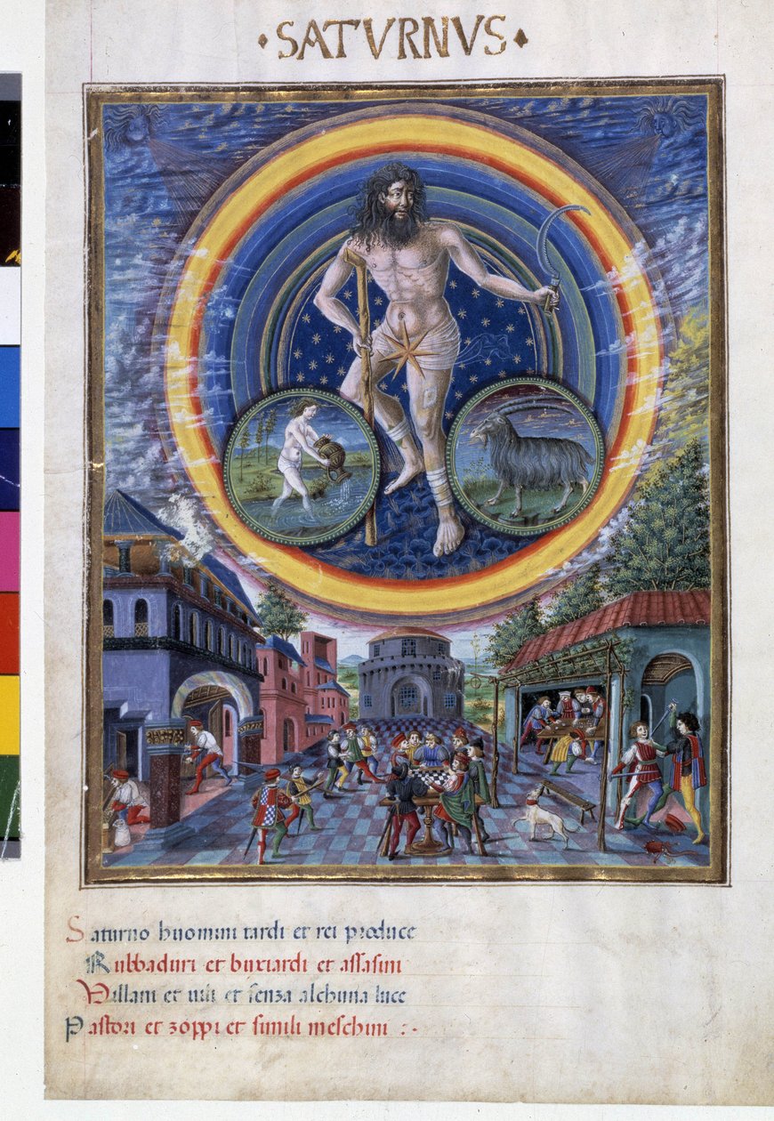 Saturn with zodiac signs of aquarius and capricorn. Downstairs, the game scenes and its influence on men. Miniature made by Cristoforo de Predis (v. 1440-v. 1486) - in “” De Sphaera””” d