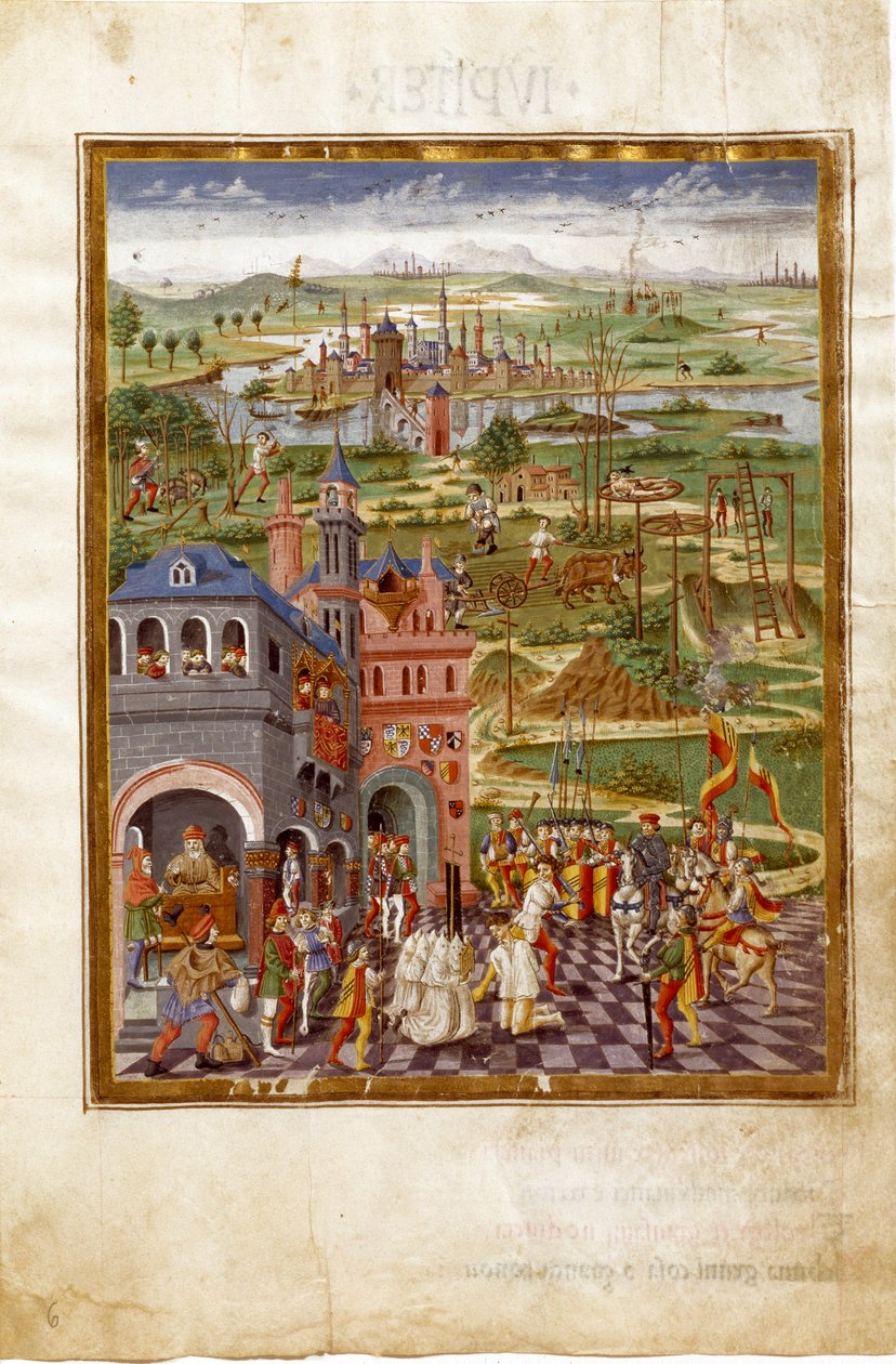 Scene of torture and convictions in a medieval city. Influences of Saturn (miniature, c.1470) بواسطة كريستوفورو دي بريديس
