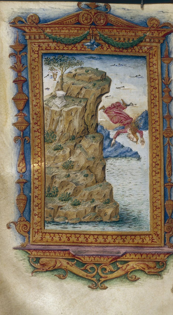 سافو تلقي نفسها في البحر رسم توضيحي لـ Heroides بواسطة أوفيد ، 1485-1499 بواسطة كريستوفورو مايورانا