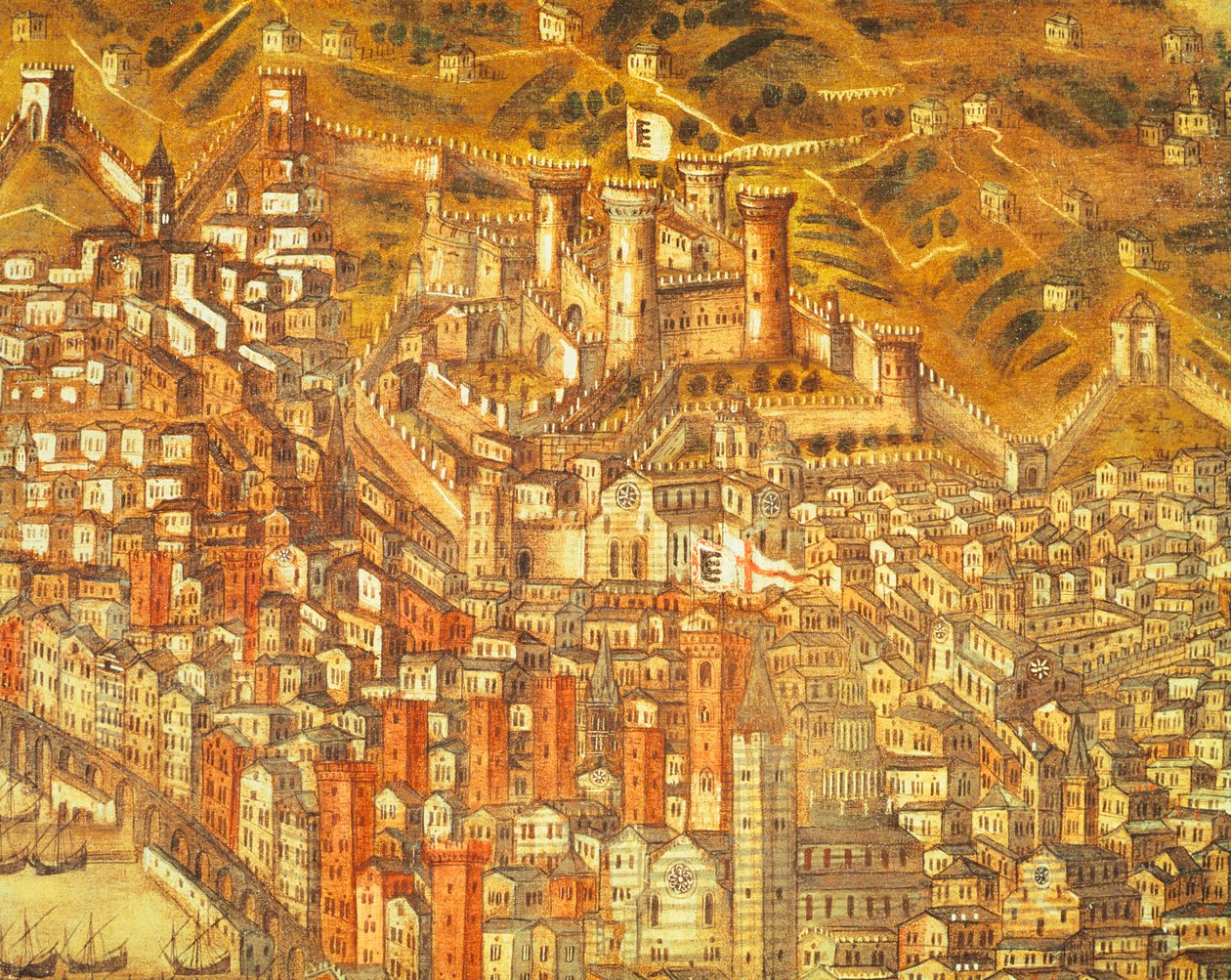 منظر جنوة وقلعتها (تفصيل) 1597 (زيت على قماش) بواسطة كريستوفورو دي جراسي