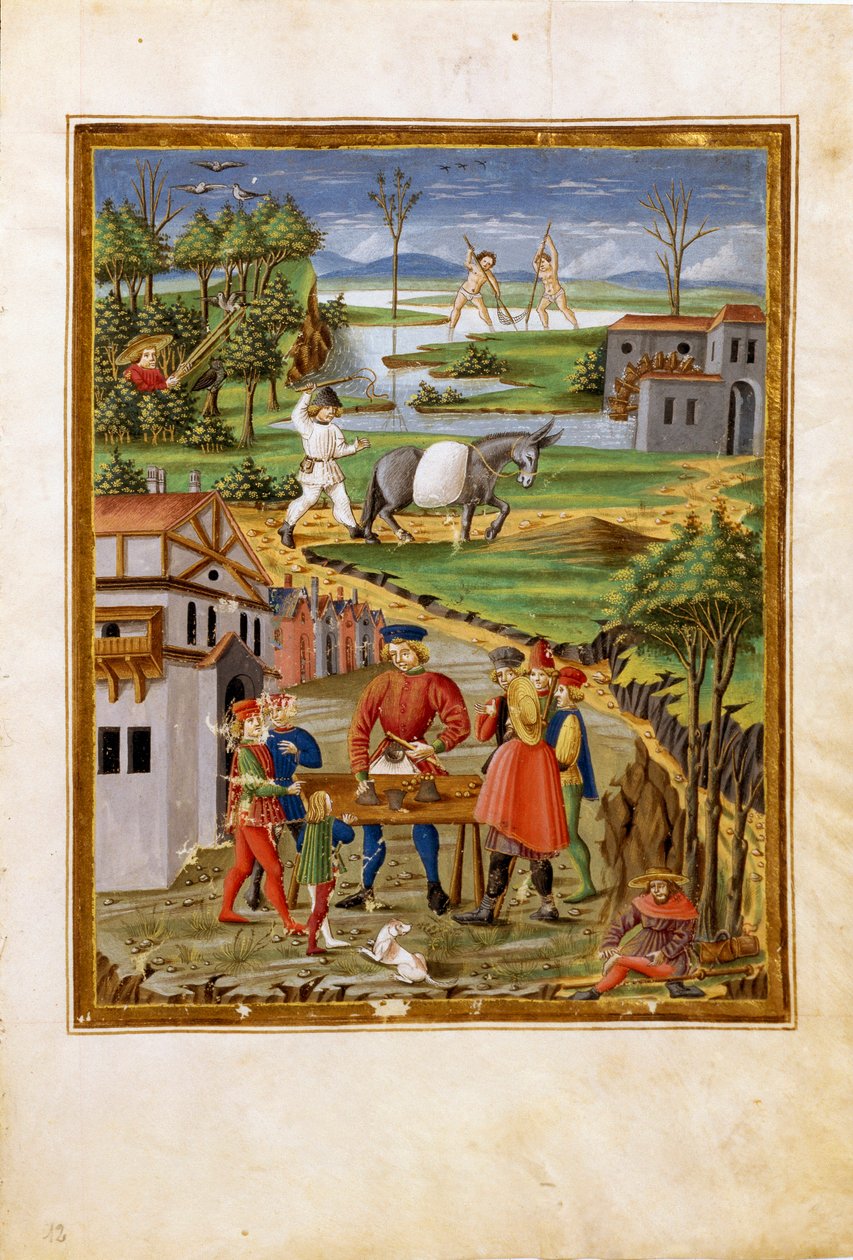 تأثير القمر: مشهد لصيد الأسماك والصيد والزراعة (صورة مصغرة ، حوالي 1470) بواسطة كريستوفورو دي بريديس