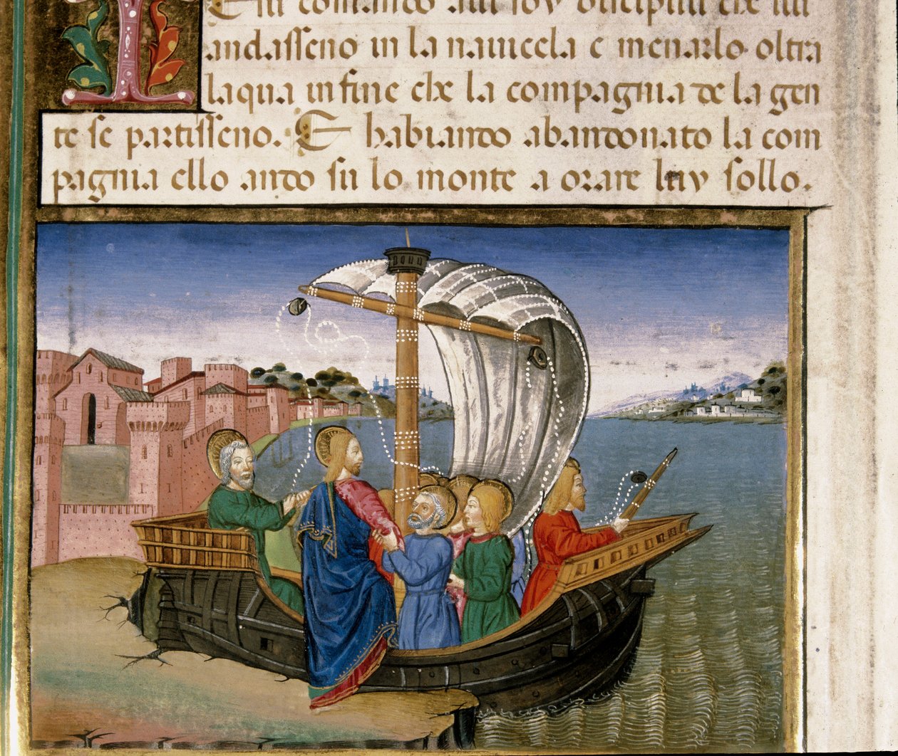 Jesus tells the Apostles to go by boat to Capharneum while he goes to pray on the Miniature Mountain of Cristoforo De Predis (1440-1486) after the History of the New Testament بواسطة كريستوفورو دي بريديس