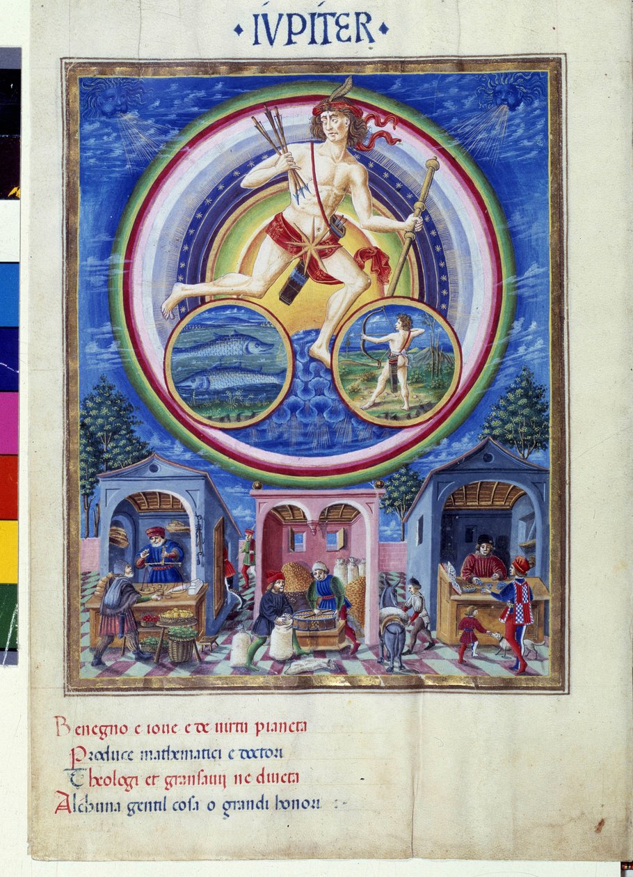 Jupiter with zodiac signs of fish and Sagittarius. Downstairs, merchants selling various items. Miniature made by Cristoforo de Predis (v. 1440-v. 1486) - in “” De Sphaera””” d
