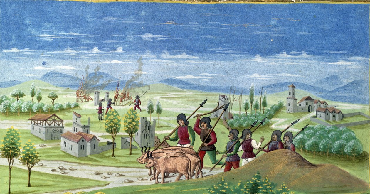 Looting during the war. detail of “” Sun Influence “”: The War. Miniature made by Cristoforo de Predis (v. 1440-v. 1486) - in “” De Sphaera””” d