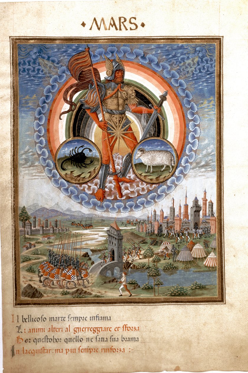 المريخ مع البروج من برج العقرب والبطن. مشاهد المعركة. (مصغر ، حوالي 1470) بواسطة كريستوفورو دي بريديس