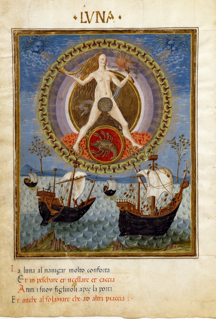 القمر مع علامة البروج للسرطان. القوارب أثناء صعود الفرس (مصغر ، حوالي 1470) بواسطة كريستوفورو دي بريديس