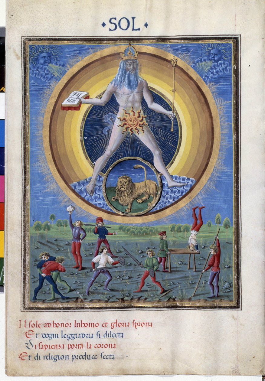 Sun with the zodiac sign of the lion. Down there are scenes of men