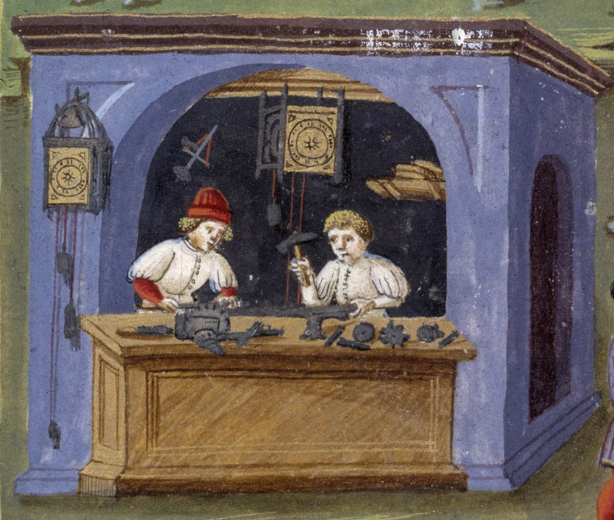 a watchmaker in “” Influence of the moon “”: artisans. Miniature made by Cristoforo de Predis (v. 1440-v. 1486) - in “” De Sphaera””” d