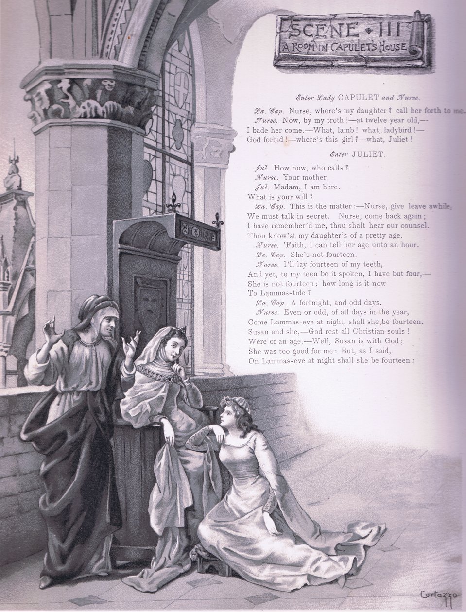 غرفة في منزل Capulets ، التوضيح من روميو وجولييت ، بواسطة كورتازو كورتازو