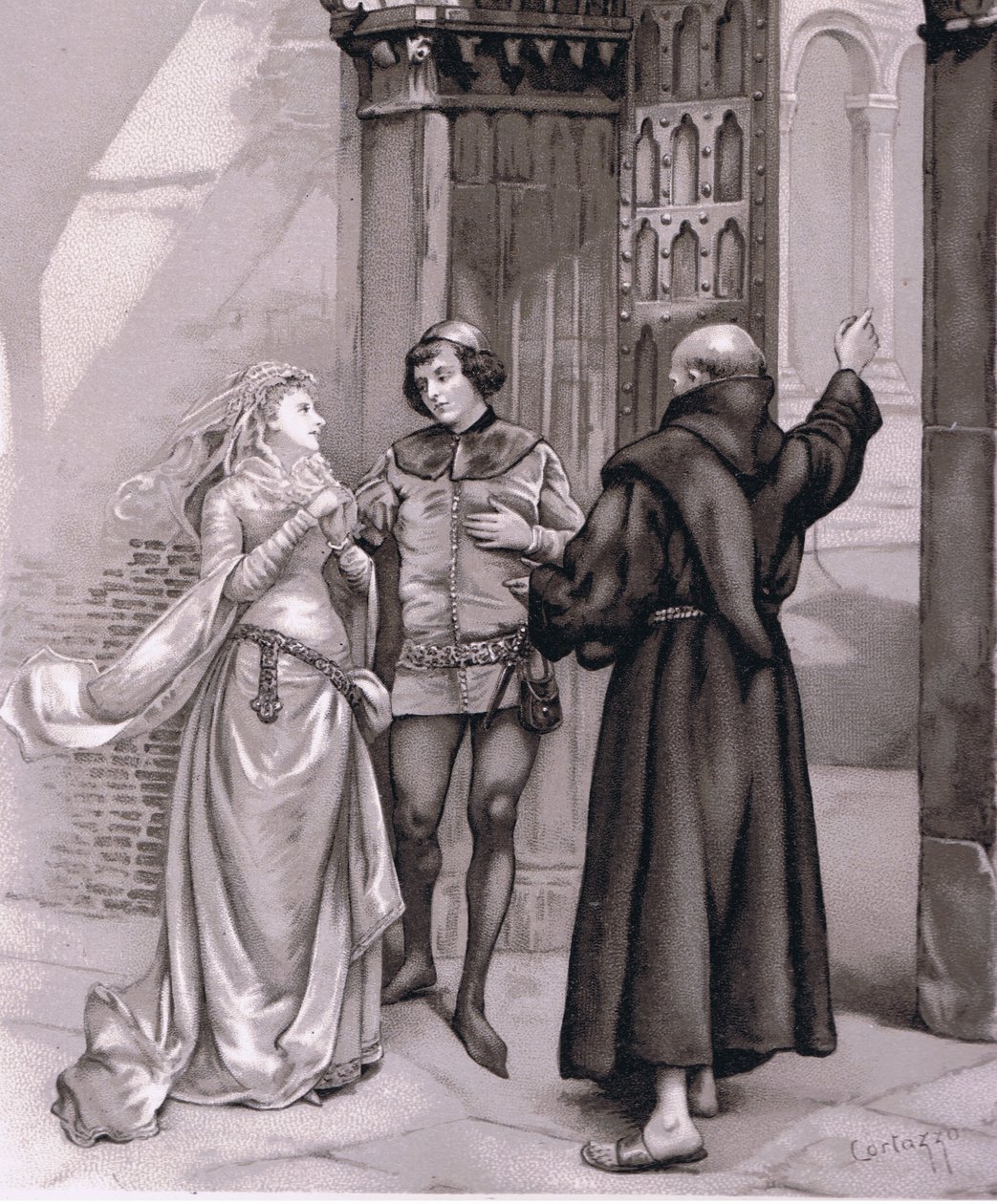 أدخل Friar Laurence و Romeo ، رسم توضيحي من Romeo and Juliet ، بواسطة كورتازو كورتازو