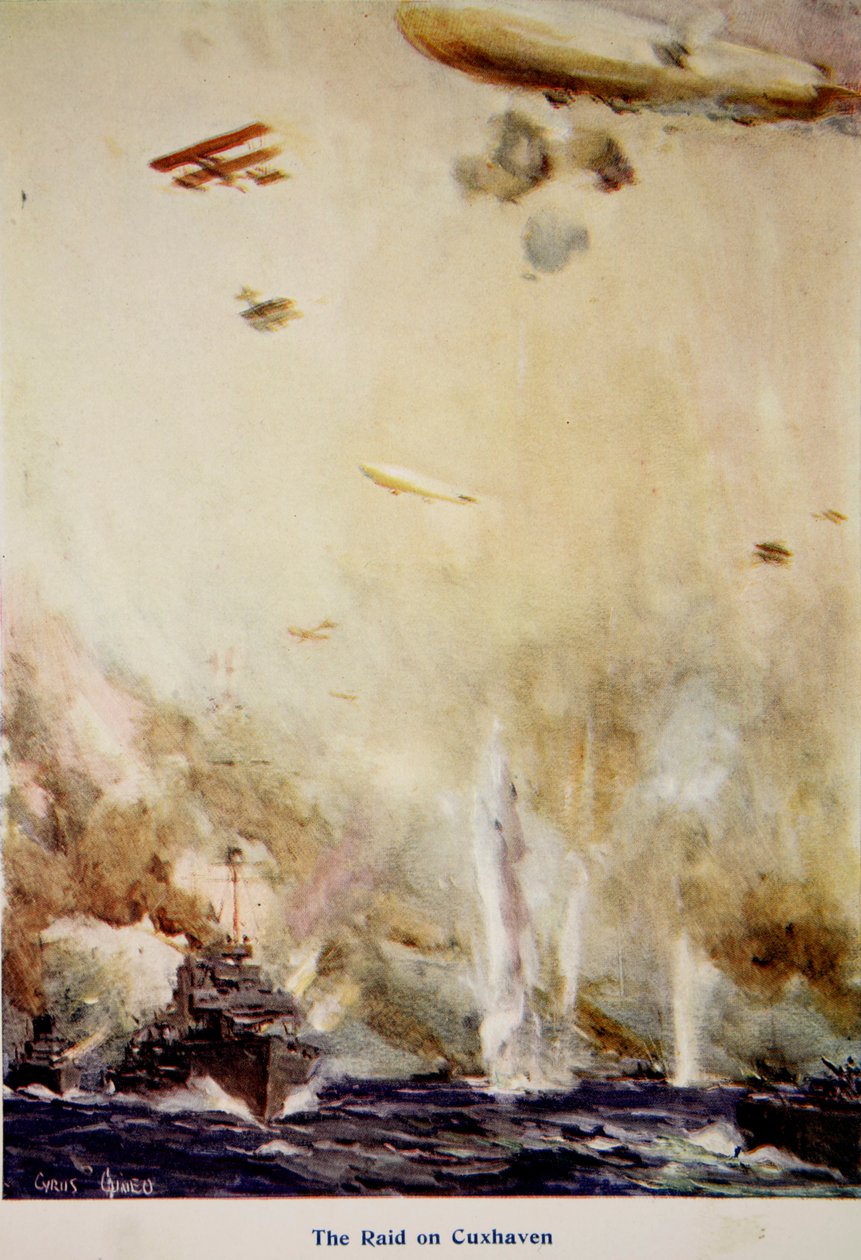 "الغارة على كوكسهافن ، ديسمبر 1914" ، رسم توضيحي من "Told in the Huts: The YMCA Gift Book" ، نشر عام 1916 بواسطة سايروس كونيو