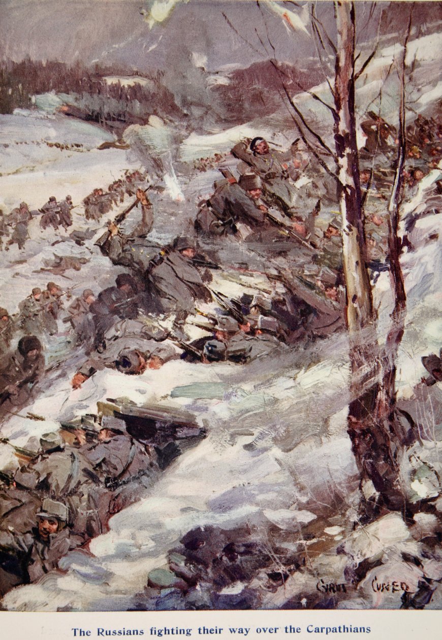 "الروس يقاتلون طريقهم فوق منطقة الكاربات" ، صورة توضيحية من "Told in the Huts: The YMCA Gift Book" ، نُشر عام 1916 بواسطة سايروس كونيو