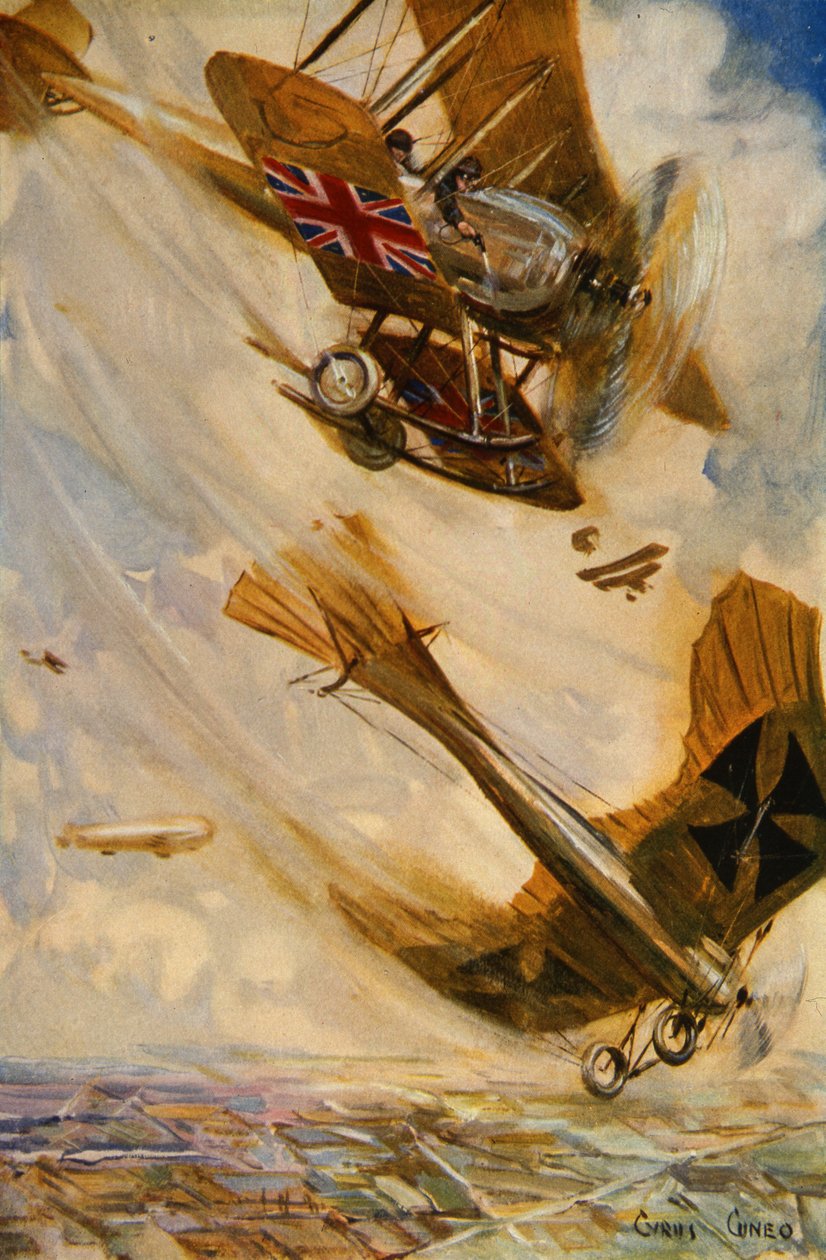 British biplane bringing down a German Taube monoplane with pistol fire, early in the war (colour litho) بواسطة سايروس كونيو