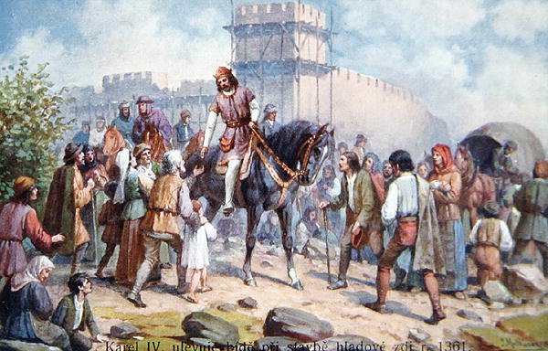 تشارلز الرابع يحيي الناس العاديين خلال توسعه لتحصينات براغ في عام 1361 ، بطاقة بريدية في أوائل القرن العشرين (لون ليثو) بواسطة المدرسة التشيكية