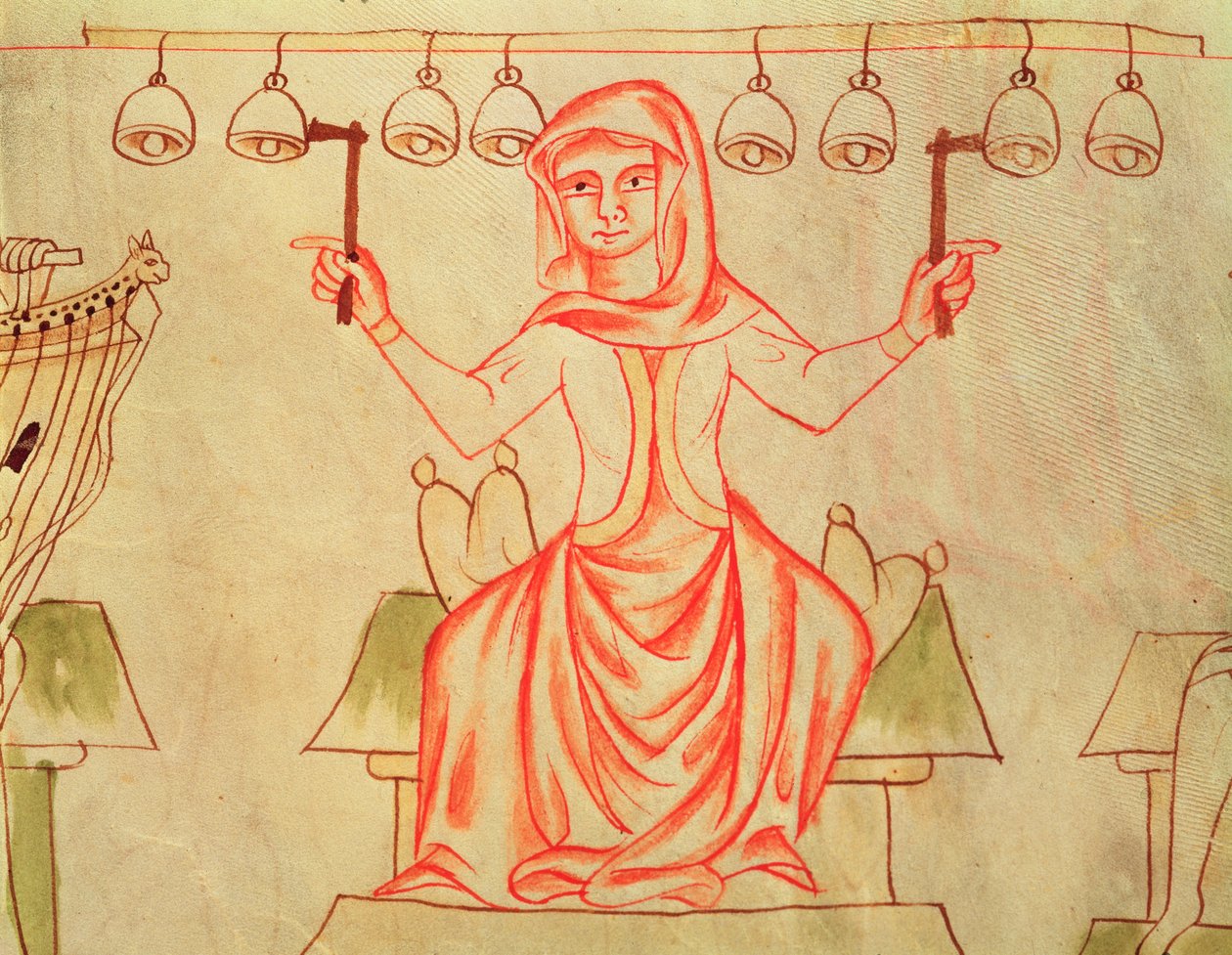 Mx XXIII C.124 موسيقي يلعب أجراسًا ، من الكتاب المقدس فيليسلاف ، c.1340 بواسطة المدرسة التشيكية