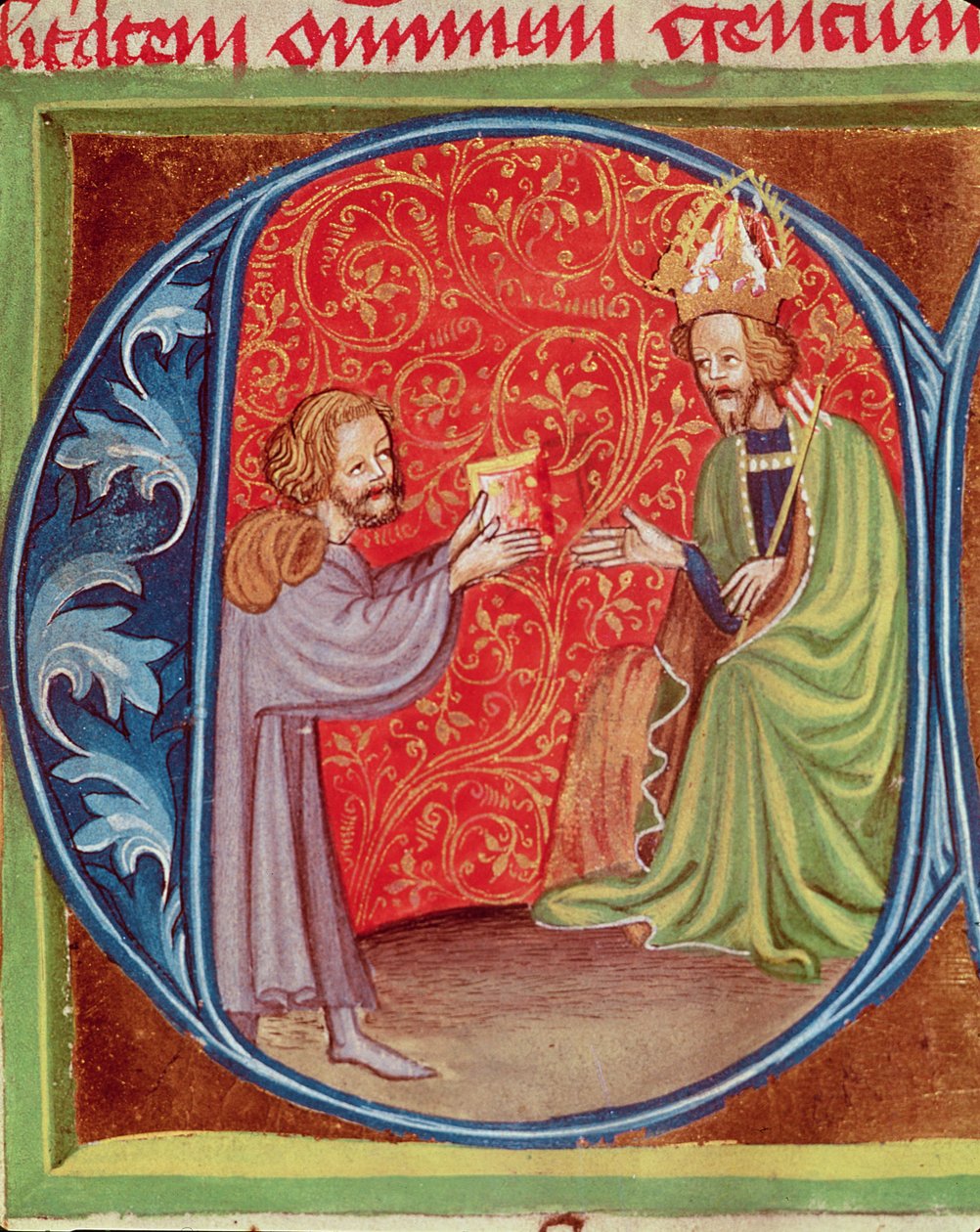 يقدم المؤلف كتابه إلى تشارلز الرابع (1316-78) في بوهيميا ، من Opus Ruralium Commodorum بقلم بيترو دي كريسينزي (1230-1321) بواسطة المدرسة التشيكية