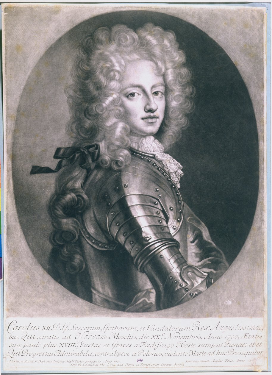 الملك كارل الثاني عشر (1682-1718) للسويد ، منقوش بواسطة جون سميث ، 1701 بواسطة D. الحرف