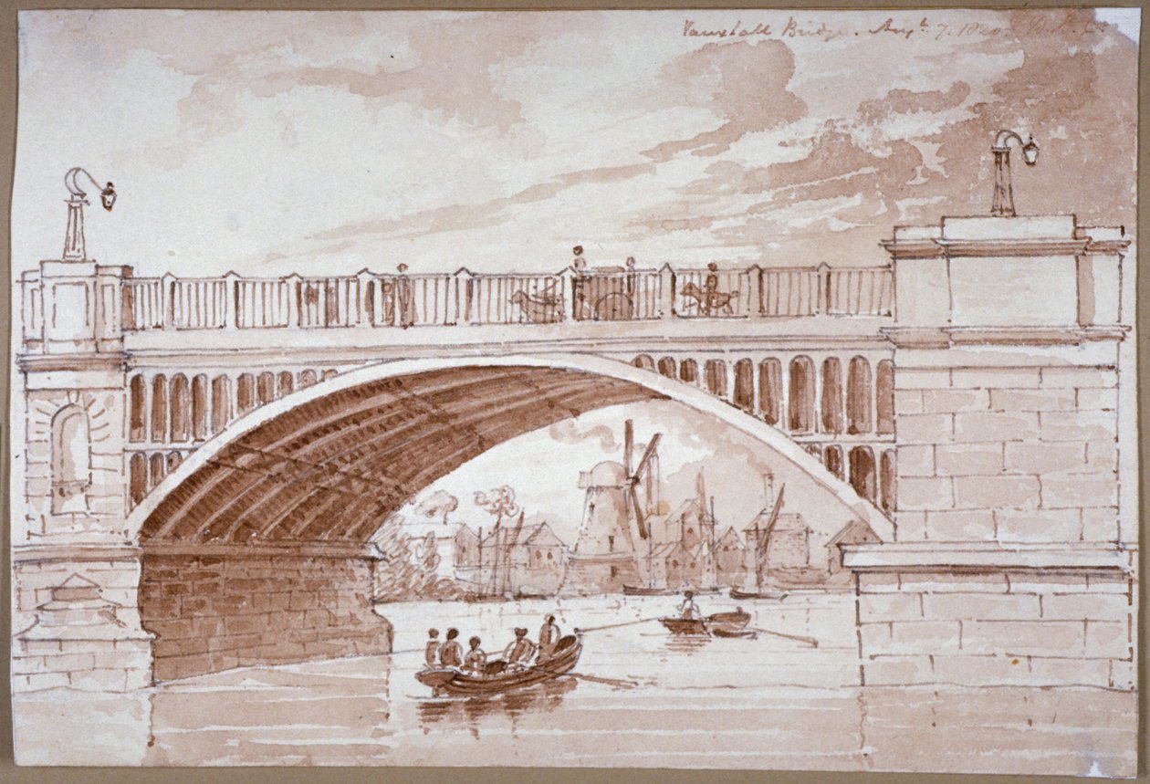 منظر لقارب صغير يمر تحت جسر فوكسهول ، لندن ، 1820. بواسطة DHC