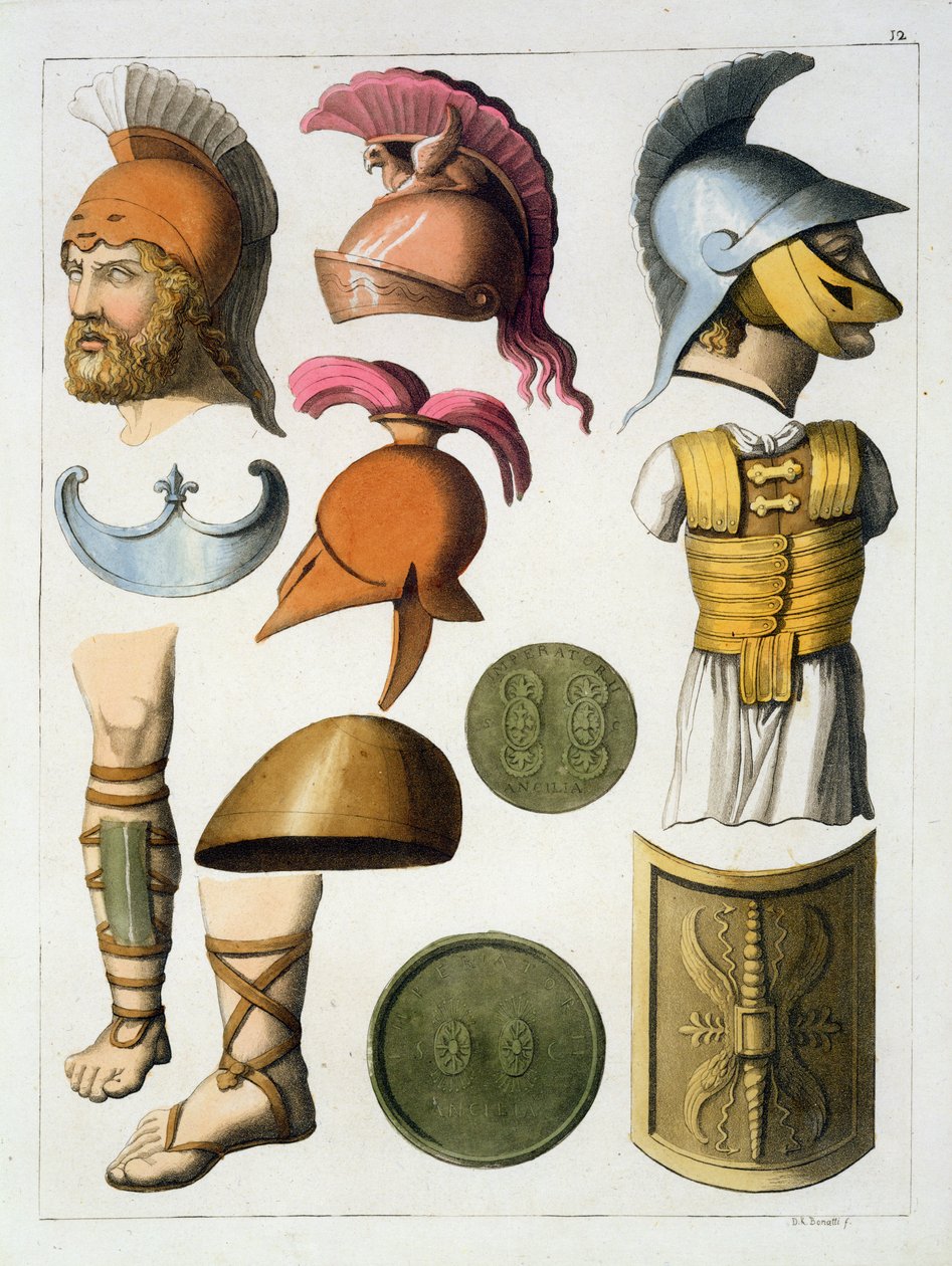المعدات العسكرية الرومانية ، من `` Le Costume Ancien et Moderne &39;&39; بقلم جول فيراريو ، تم نشرها في 1820s-30s بواسطة DK Bonatti