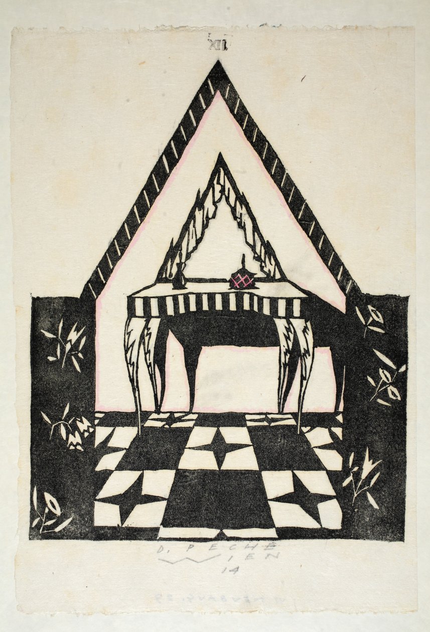 تصميم لطاولة الزينة ، اللوحة 12 ، الكتاب 3 ، رسم توضيحي من "Wiener Werkstatte Mode 191415" ، حانة. إدوارد كوسماك ، فيينا ، 1914-1915 (لينوكوت ملون باليد) بواسطة البخيل بيكي
