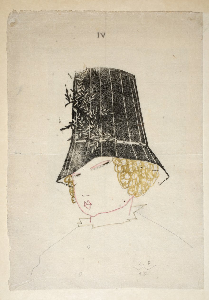 تصميم للقبعة ، اللوحة 4 ، رسم توضيحي من "Wiener Werkstatte Mode 191415" ، حانة. إدوارد كوسماك ، فيينا ، 1914-1915 (لينوكوت ملون باليد) بواسطة البخيل بيكي
