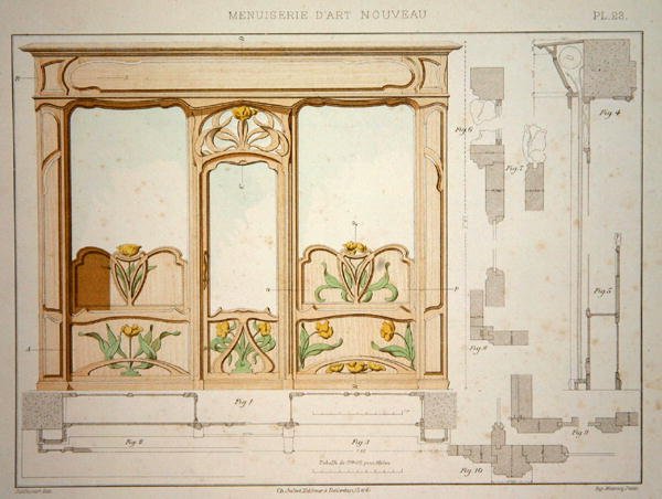 تصميم لواجهة متجر ، رسم توضيحي من "Menuiserie d'Art Nouveau" نُشر عام 1900 (حجر ليثو ملون) بواسطة دايليكورت دايليكورت