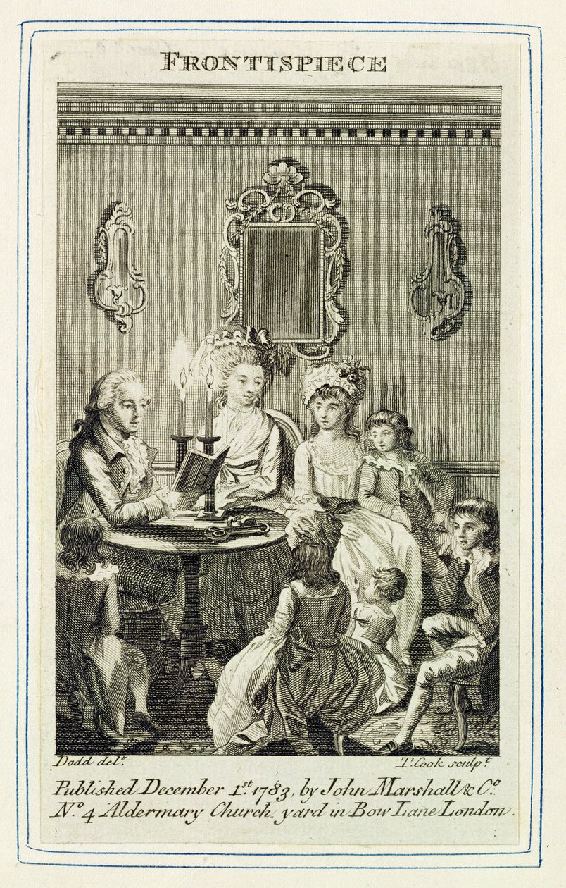 أب يقرأ لعائلته بواسطة ضوء الشموع ، نقش عليه توماس كوك (1744-1818) في واجهة الكتاب إلى حانة. بواسطة John Marshall und Co.، 1783 بواسطة دانيال دود