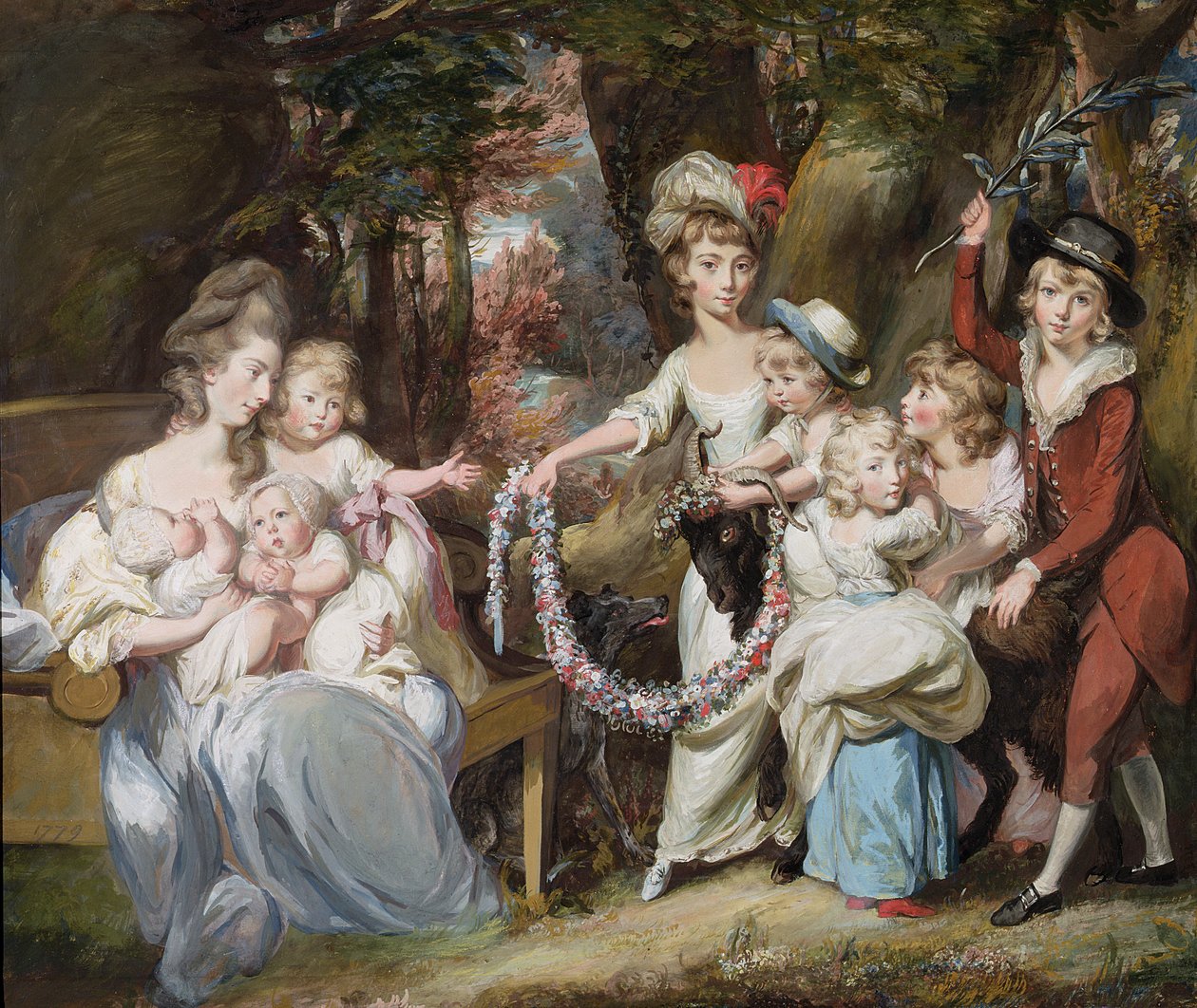 السيدة جستنيان كاساميجور وثمانية من أطفالها ، 1779 (الغواش والباستيل والزيت على ورق موضوعة على الكتان) بواسطة دانيال جاردنر