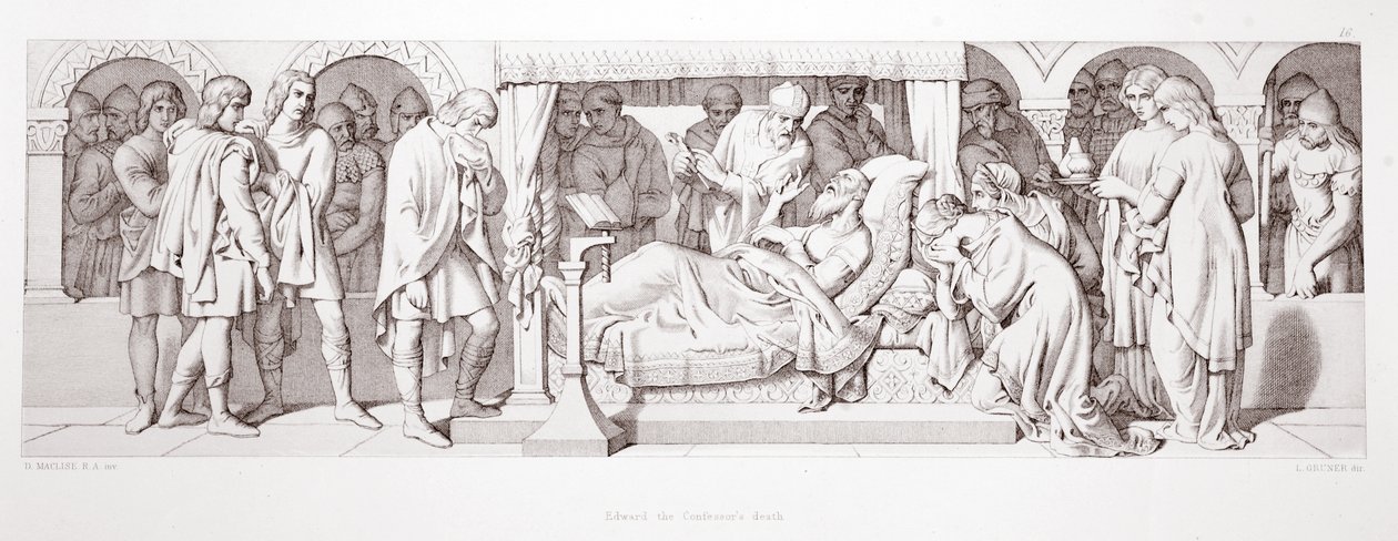 وفاة إدوارد المعترف ، من `` قصة الفتح النورماندي &39;&39; ، نقشها L. Gruner ، 1866 بواسطة دانيال ماكليز