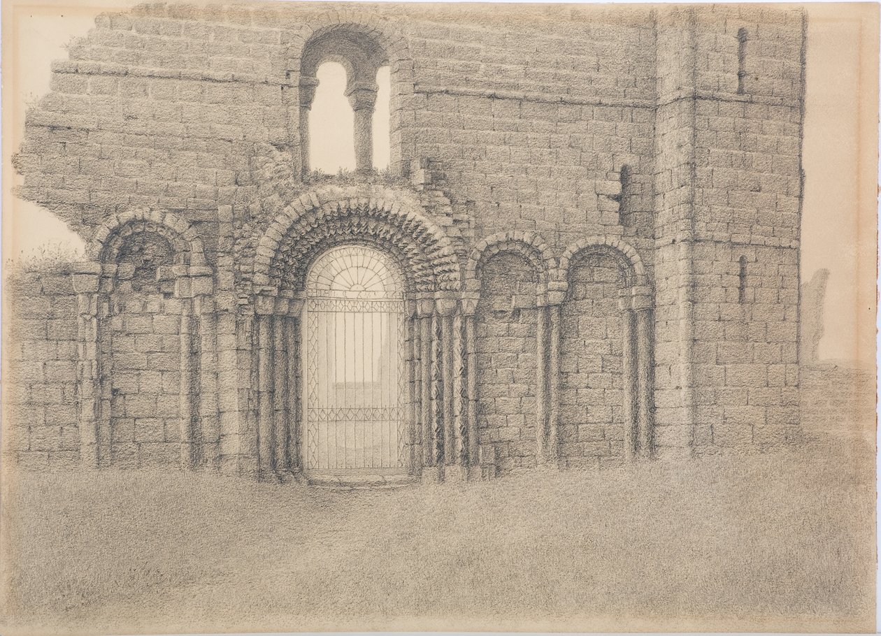 Lindisfarne Priory ، West Front ، c.1916 (فحم على البطاقة) بواسطة دانيال أوليفر