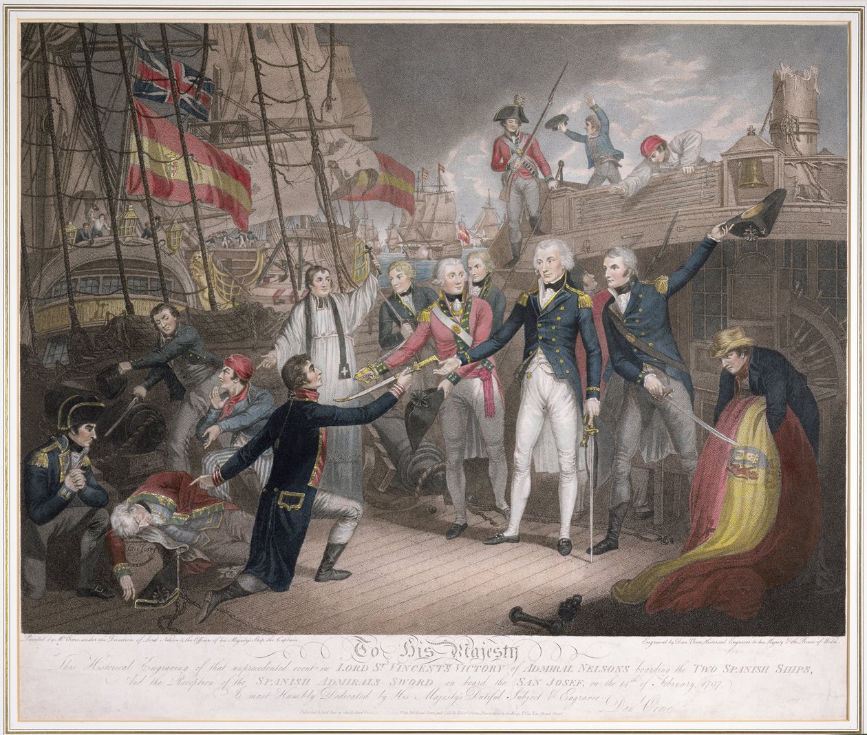 الأدميرال نيلسون يركب السفينتين الإسبانيتين ، 14 فبراير 1797 ، تم نشره في 21 يونيو 1800 (aquatint und engraving) بواسطة دانيال أورم