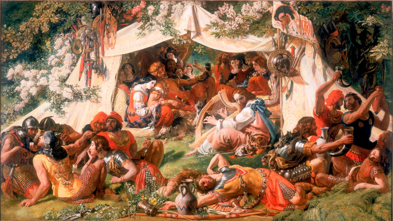 ألفريد الملك الساكسوني ، متنكرا في زي المنشد ، في خيمة غوثروم الدانماركي ، حوالي 1852 (زيت على قماش) بواسطة دانيال ماكليز